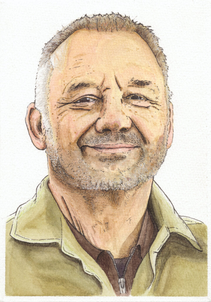 Ink and watercolour portrait of a smiling man in a green jacket.