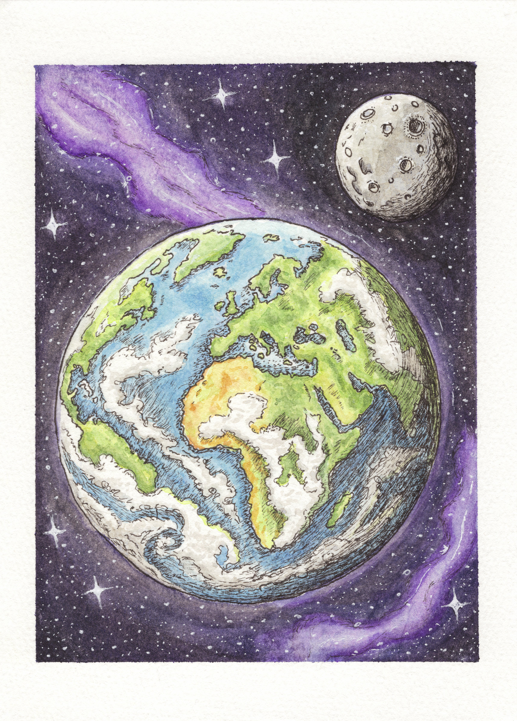 Ink and watercolour study of the Earth and Moon against a purple, star-filled space background.