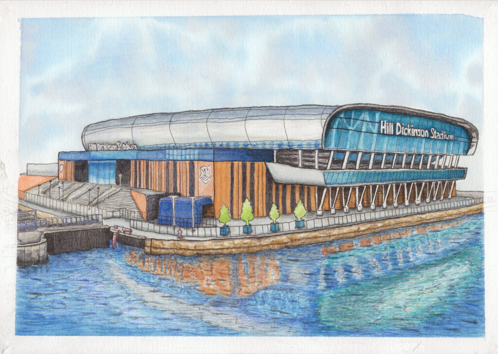 Ink and watercolour painting of Hill Dickinson Stadium on the Liverpool waterfront.