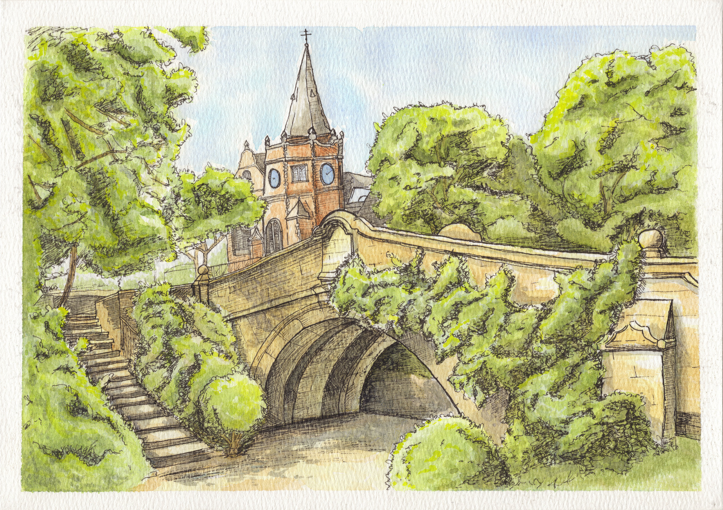 Ink and watercolour painting of the bridge in Port Sunlight Dell, surrounded by leafy trees with a church tower in the background.