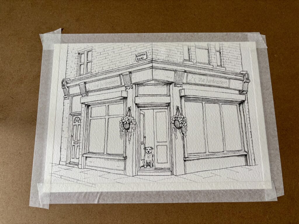 An ink illustration of The Furdressers dog grooming shop with a small dog sitting in the doorway - a work-in-progress shot before the finished painting.