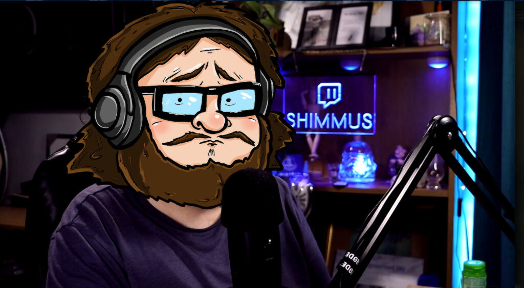 Shimmus Studios Twitch streaming setup with artwork and the Shimmus character on screen.