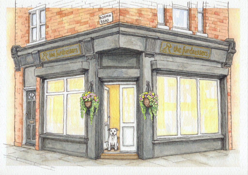 Ink and watercolour painting of The Furdressers dog grooming shop on City Road, Liverpool with a small dog sitting in the doorway.